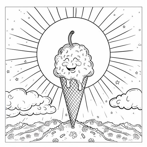 Smiling ice cream cone under the sun, perfect for a hot day. Coloring book page
