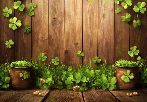 Saint Patrick's Day banner with clover decoration and pot of gold