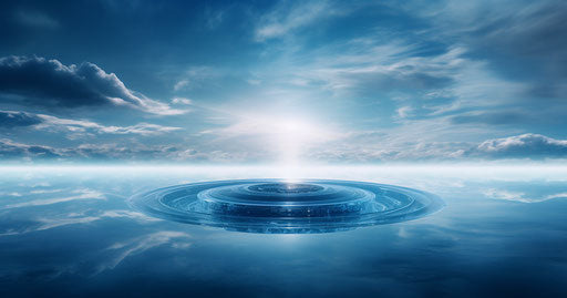 Blue object in the middle of the sky, in the style of Kushan Empire, translucent water