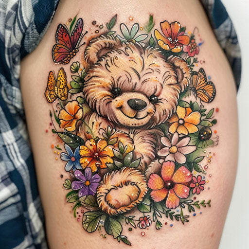 Teddy bear tattoo with nature elements