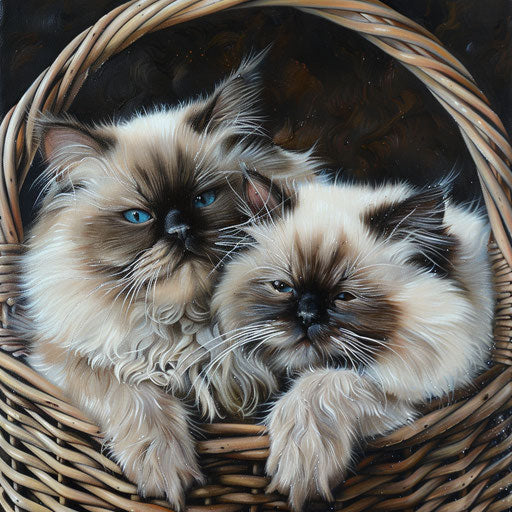 Two Himalayan cats snuggling in a wicker basket