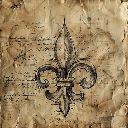 Historical sketch of a lily in an ancient manuscript style with faded calligraphy