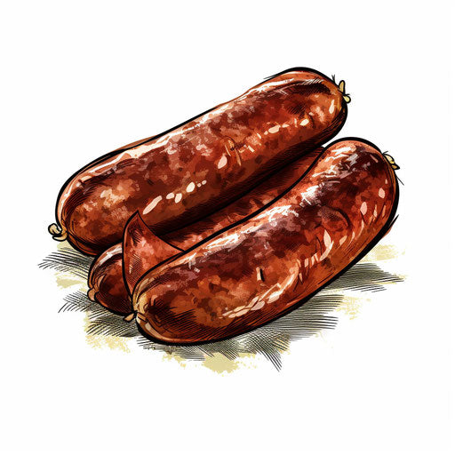Sausage illustration in the style of Chiaroscuro Art, on white background