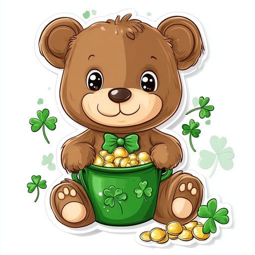 Sticker Design: Cute Teddy Bear in green St. Patrick's Day with a pot of gold and shamrocks around him, on a white background.