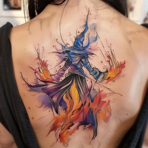 Fantasy fire tattoo, a wizard casting fire spells