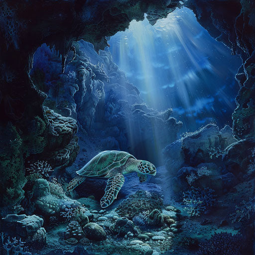 Enchanting underwater cave with green sea turtle