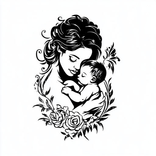 Tattoo sketch on white background: mom holding baby