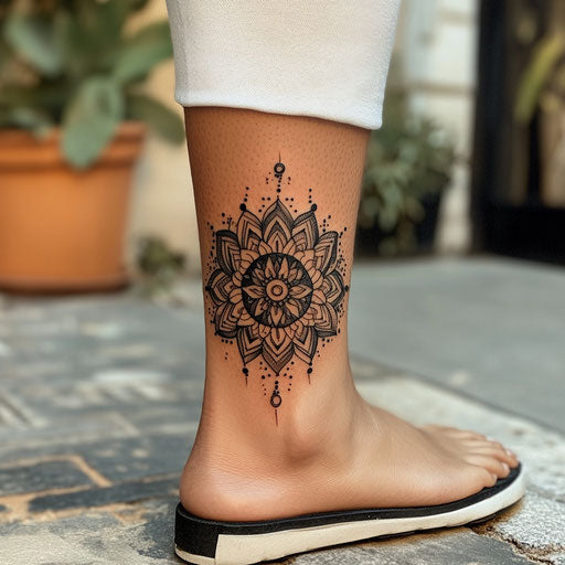 Women's ankle tattoos with geometric mandala