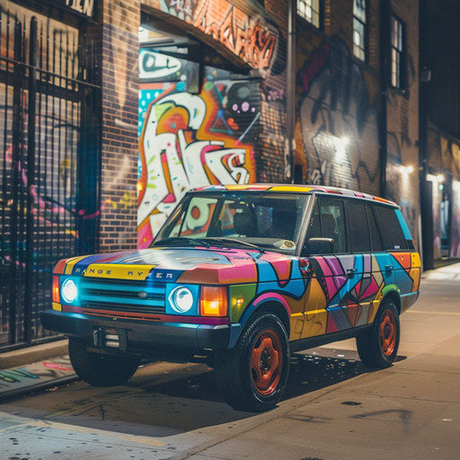 Customized Range Rover with vibrant urban art in an alleyway