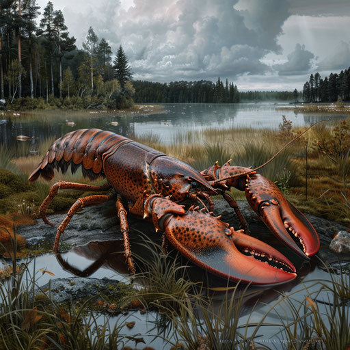Crayfish by a tranquil lakeside, in the style of Paul Souders