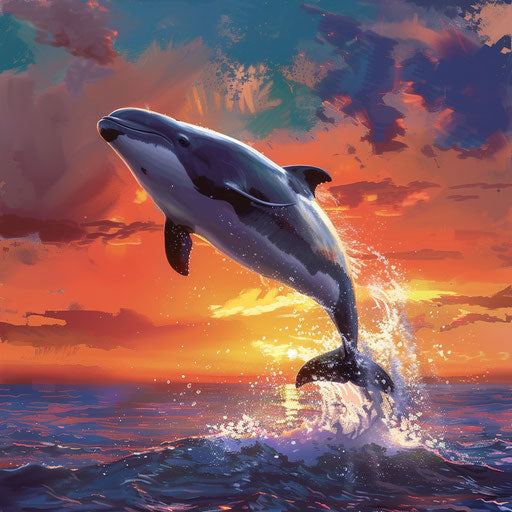 Vaquita porpoise leaping joyfully in the water at vibrant sunset