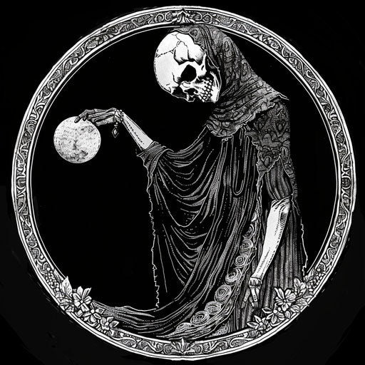 Grim shadow moon stitch black and white, in the style of occultist draftsman, feminine sticker art, metal