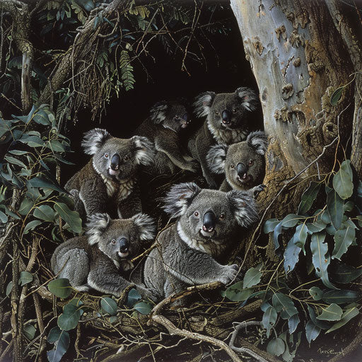 Koalas emerging from burrow, vibrant communal living scene