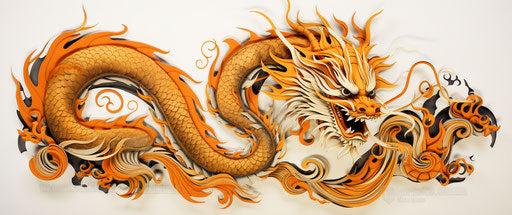 Traditional Chinese dragon on white background, light orange and dark gold style