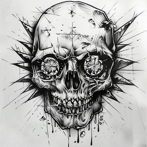 Edgy sparkle tattoo sketch of a skull with glittering diamond eyes in monochrome
