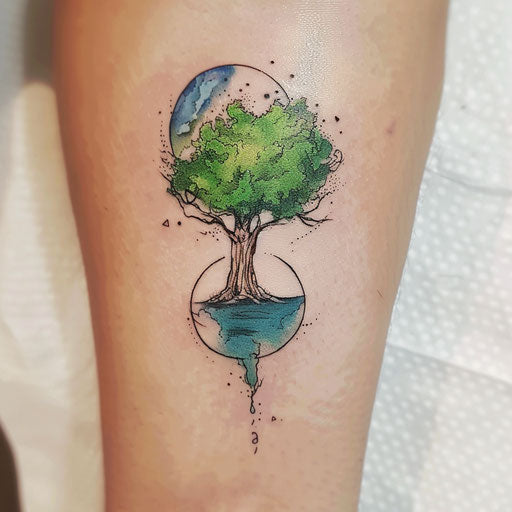 Flat tattoo sketch of nature theme with tree balancing earth and sky, painted in greens and blues