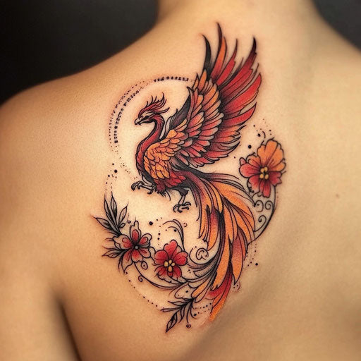 Phoenix back shoulder tattoo in red and orange