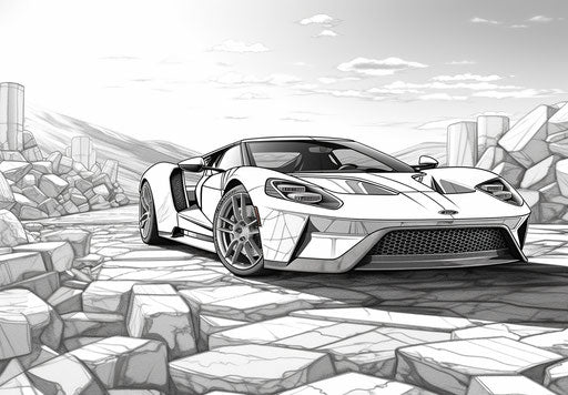 Ford GT coloring pages with lines in neo-mosaic style