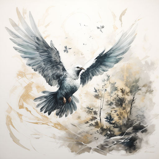 Flying dove with olive branch in ink