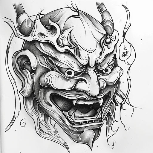 Flat tattoo sketch of a Hannya mask with elegant, flowing calligraphy