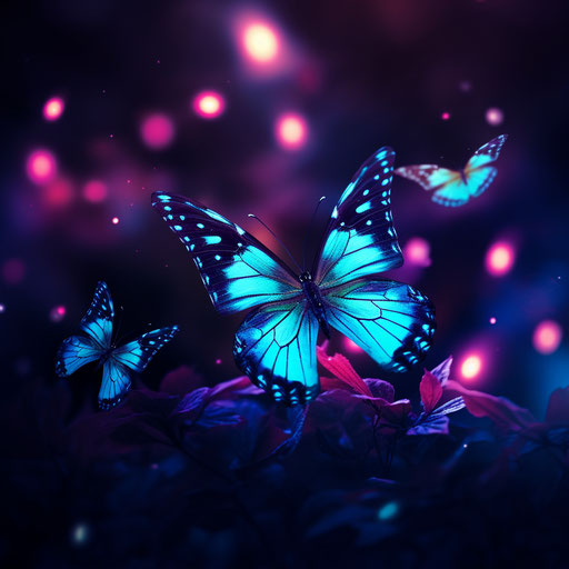 Emotional butterflies in a blurry dreamlike dark cyan and pink