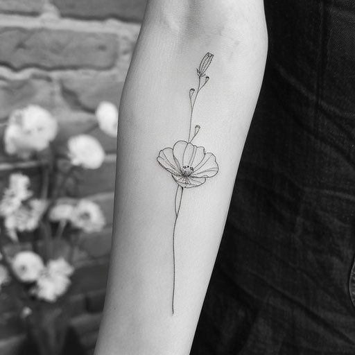 Minimalist wildflower tattoo, single stem, black ink, fine line art