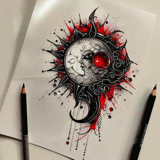 Iconic sketch of a sun and moon with classic tattoo elements, red and black palette