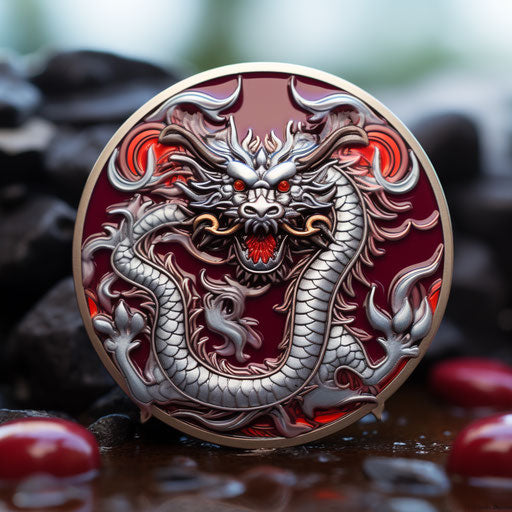 Japanese dragon emblem, lith style, spray paint, strong contrast, maroon and gray, contest winner, military and naval scenes, eye-catching tags
