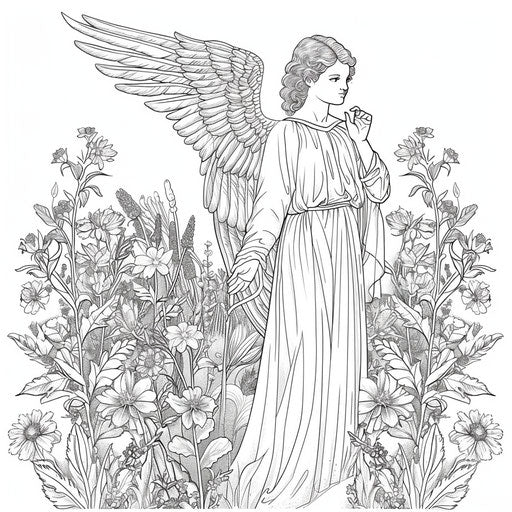 Majestic angel in a garden of blooming flowers