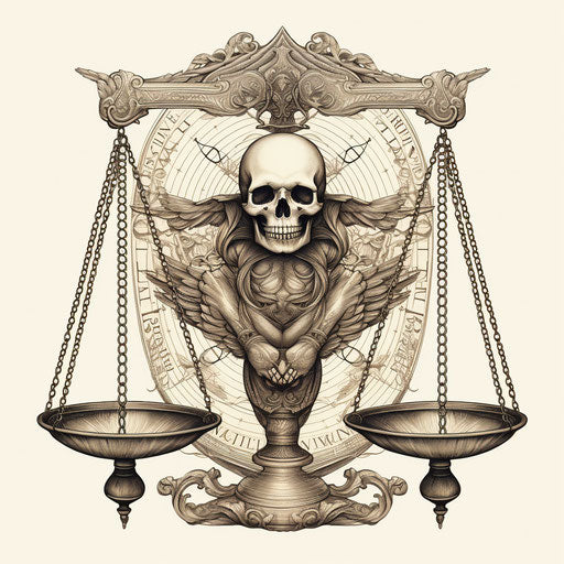 Drawing of a skull and scale of justice, symmetrical balance style