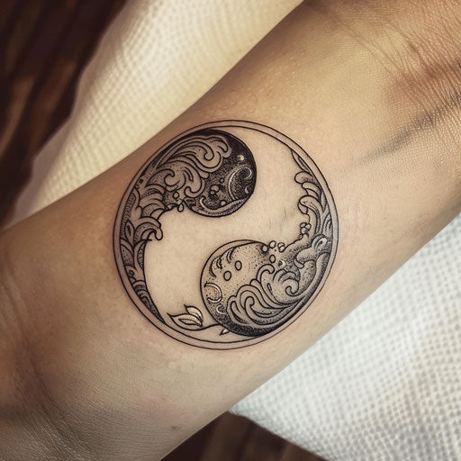 Vintage woodcut style yin and yang tattoo