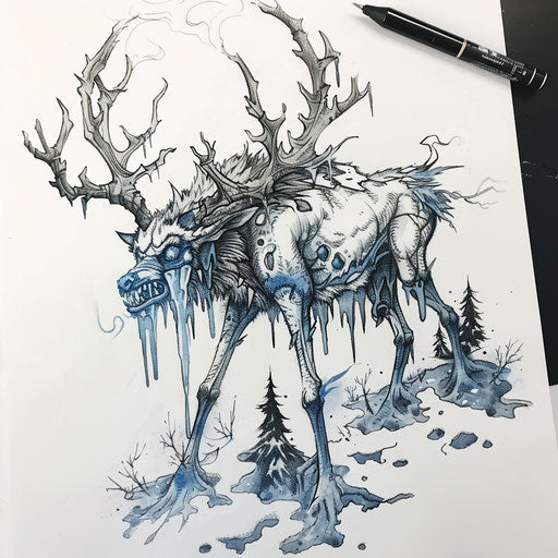 Flat tattoo sketch of a Wendigo with icy breath and frozen landscape details