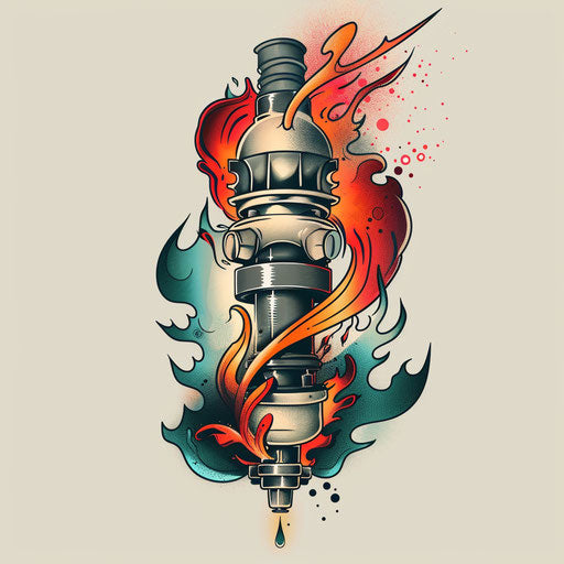 Dynamic flat tattoo sketch of a working piston with flames burst and energy waves