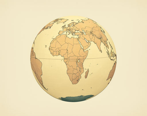 Old world globe illustration, woodblock print style, light yellow and dark silver