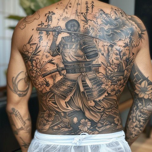 Lower back tattoo of a samurai, in the style of Ami James