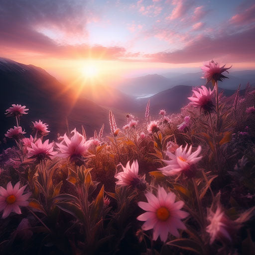 Dawn in the mountains with wild flowers