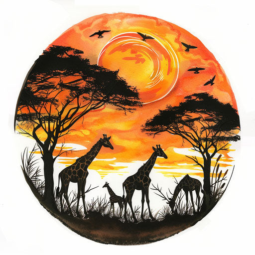 African sunset tattoo with giraffes and acacia silhouettes