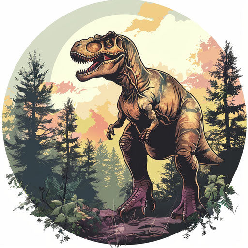 Elegant sketch of a T-rex in a forest, soft earthy tones, clipart style