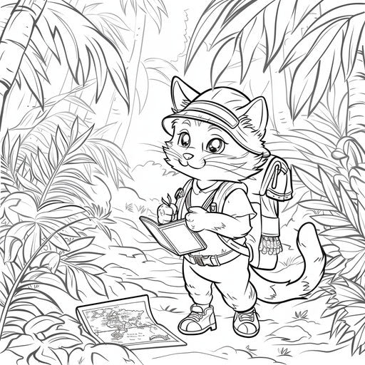 Cat explorer in the jungle with backpack and map