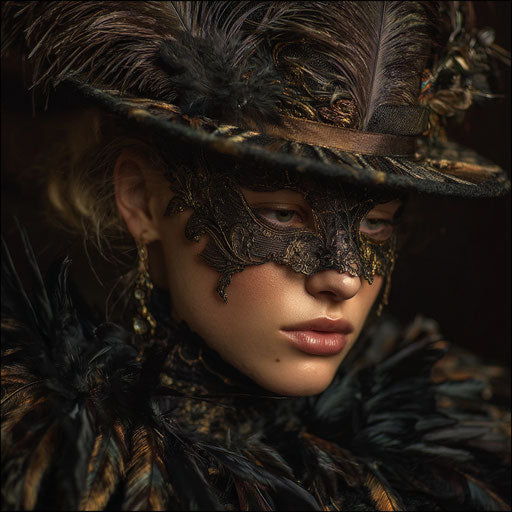 Woman in dark attire with a feathered hat and ornate mask