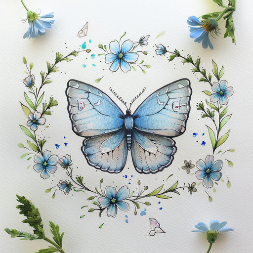 Charming flat tattoo sketch of a butterfly surrounded by small flowers, soft blues and greens