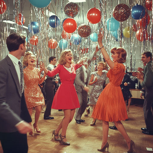 1960s office Christmas party, coworkers dancing under streamers and balloons