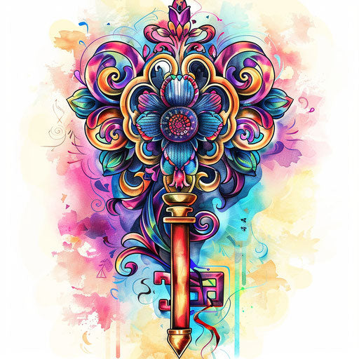 Vibrant and colorful tattoo sketch of a vintage key