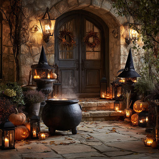 Halloween Entryway with Cauldron and Lanterns