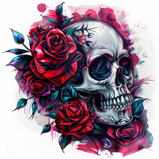 Flat tattoo sketch of a skull with roses in clipart style