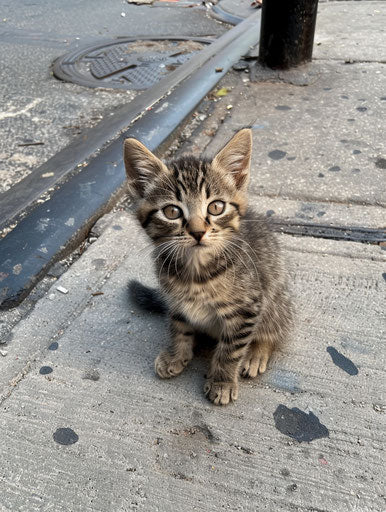 Kitten sitting on sidewalk, emphasis on facial expression, quiet potency