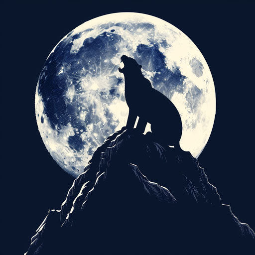 Snow leopard howling against full moon on snowy peak