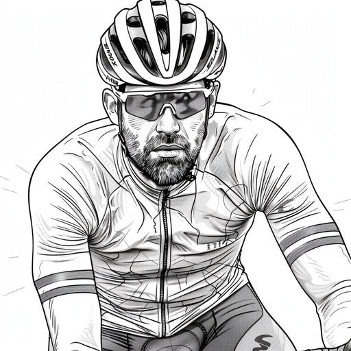 Cyclist in helmet and riding gear, detailed drawing