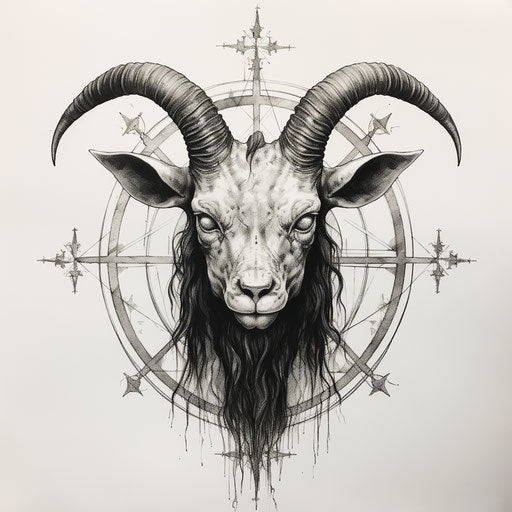 Goat with pentagrams, horror academia style