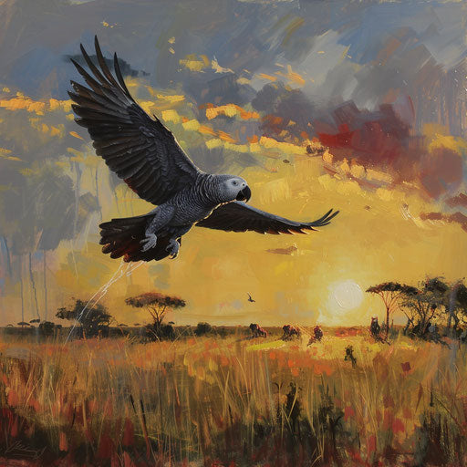 African grey parrot in flight over the Serengeti